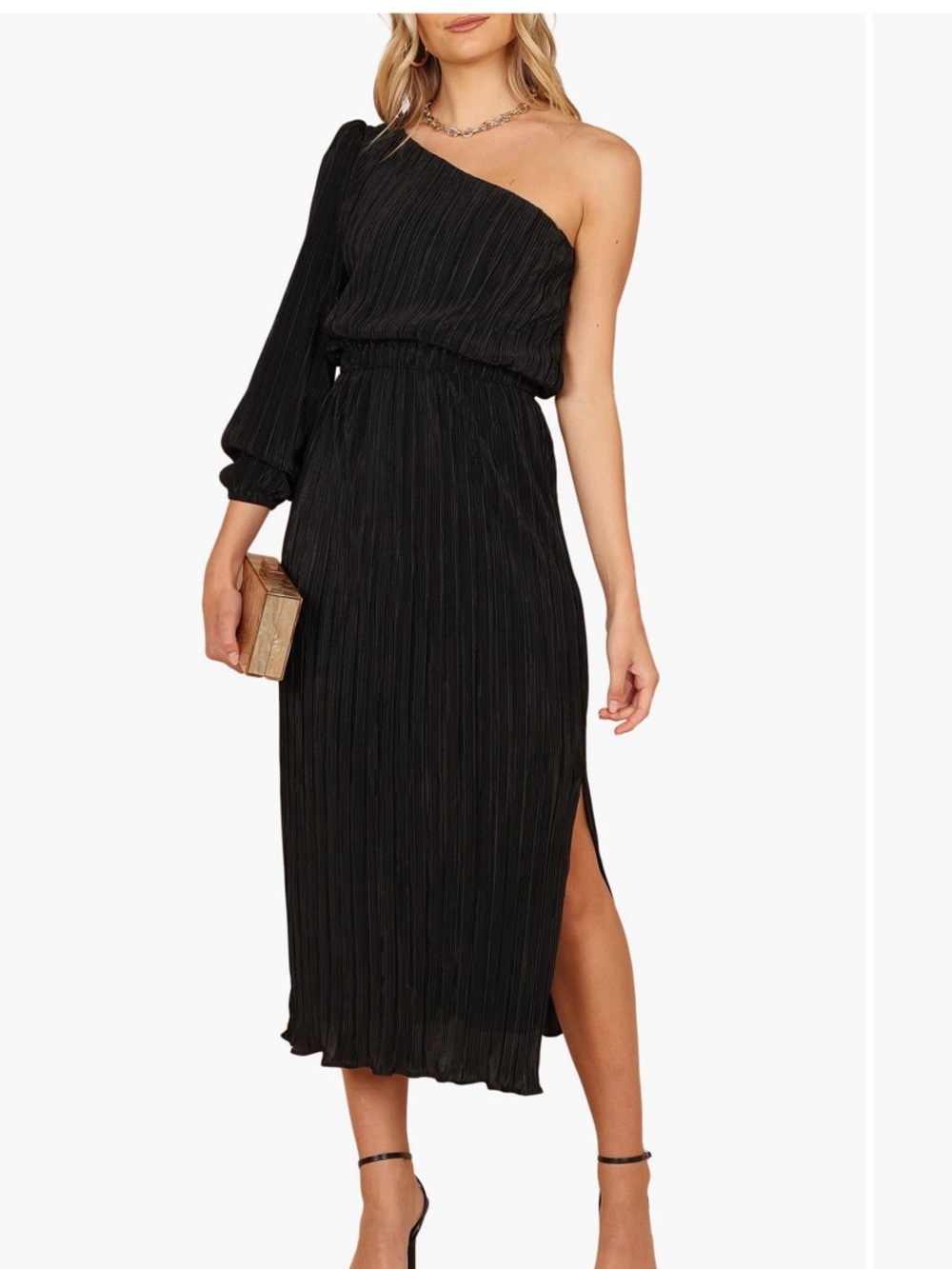 Petal & Pup Black One-Shoulder Pleated Midi Dress